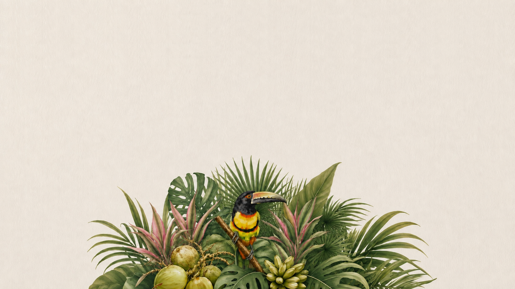 Ilustración botánica en acuarela con tucán y follaje tropical